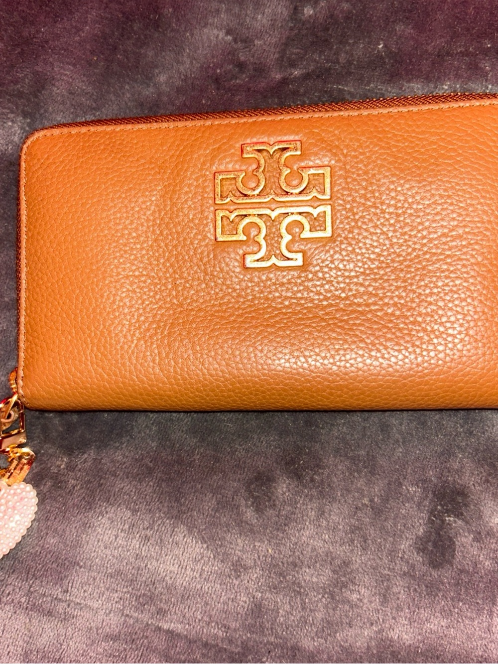 Tory Burch Cognac Pebbled Leather Zip Wallet with Gold Logo